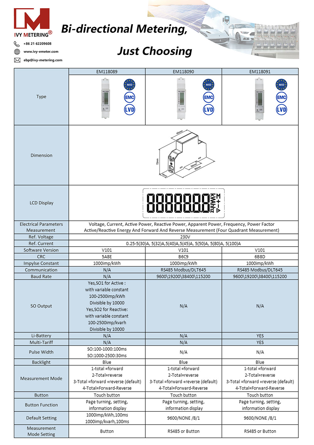 EM118089 SO Output MID Certified kWh Energy Meters DIN Rail Bi-directional Power Meter